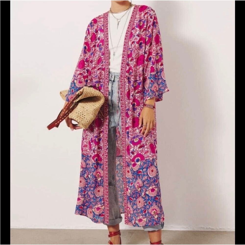 ba&sh Floral Print Vini Kimono Fuchsia Boho Long Cardigan Size Small